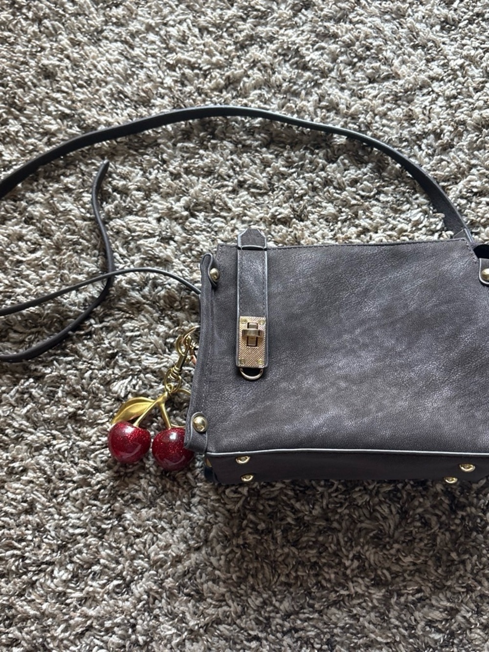 Brown Crossbody Bag with Gold Cherry Charm